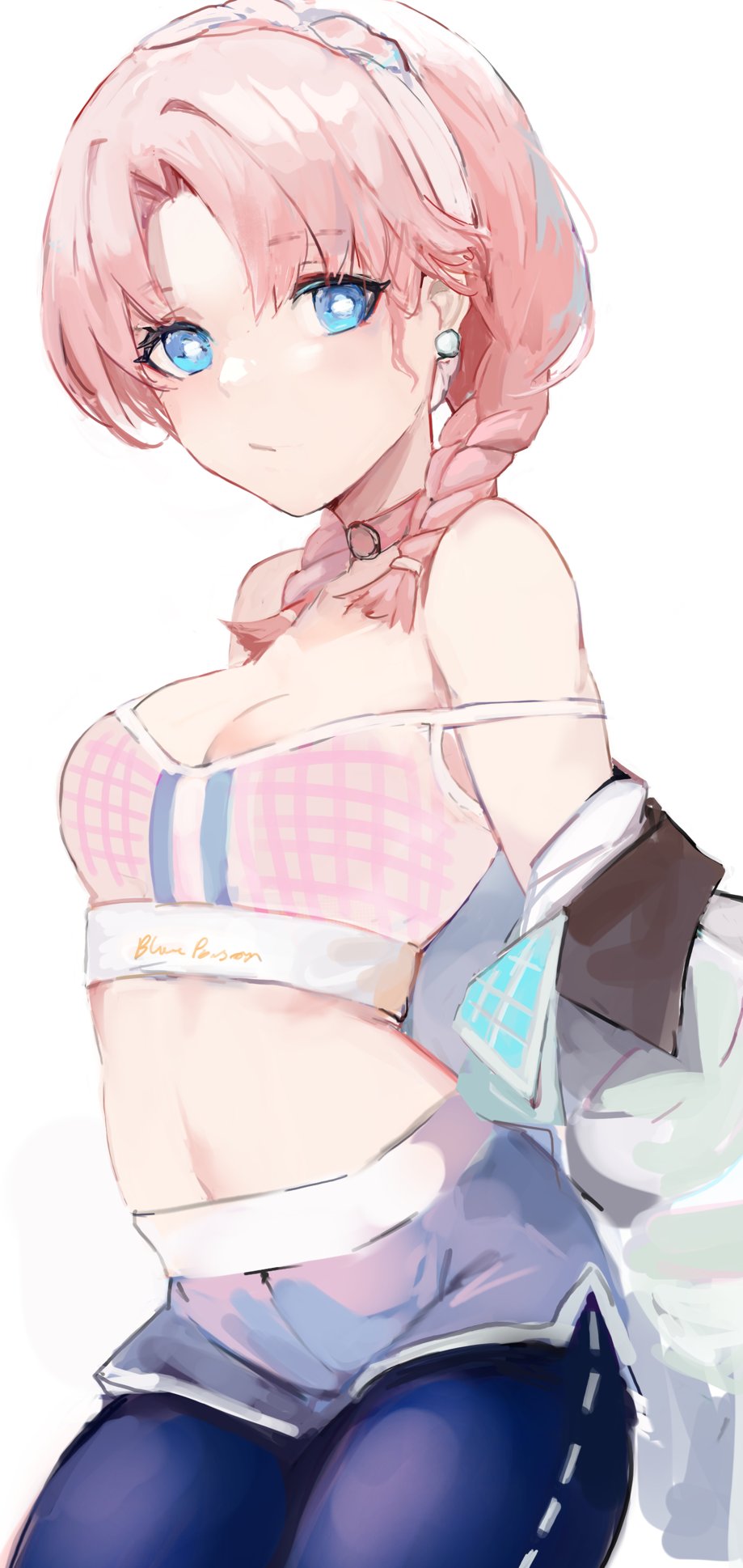 1girl arknights bare_shoulders blue_eyes blue_legwear blue_poison_(arknights) blue_poison_(shoal_beat)_(arknights) braid breasts bright_pupils choker cowboy_shot crop_top gnai grey_shorts hair_over_shoulder highres jacket long_hair looking_at_viewer medium_breasts midriff navel off_shoulder official_alternate_costume open_clothes open_jacket pantyhose pink_choker pink_hair revealing_clothes shirt short_shorts shorts simple_background sleeveless sleeveless_shirt solo spaghetti_strap standing stomach strap_slip twin_braids twintails white_background white_jacket white_shirt