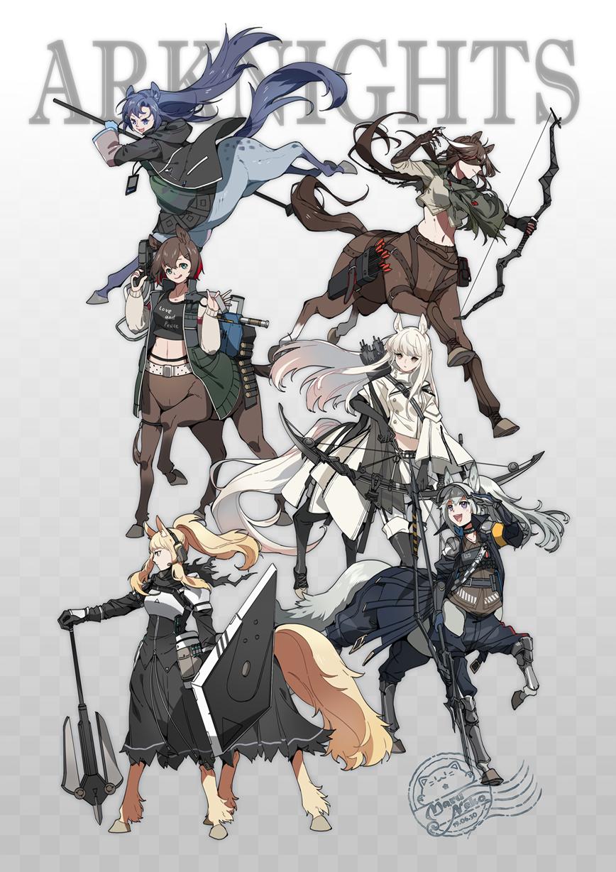 6+girls :d :q ammunition animal_ear_fluff animal_ears arknights arm_up armor artist_logo bangs belt black_coat black_gloves black_jacket black_legwear black_pants black_scarf black_shirt black_skirt blonde_hair blue_eyes blue_gloves blue_hair blunt_bangs bow_(weapon) breastplate breasts brown_belt brown_eyes brown_hair brown_shirt cape catapult_(arknights) centaur checkered_background cloak clothes_writing coat collarbone commentary compound_bow copyright_name crop_top cropped_jacket dated dress elbow_gloves eyebrows_visible_through_hair fang_(arknights) floating_hair full_body garter_straps gauntlets gloves grani_(arknights) green_cloak green_dress green_eyes green_jacket grey_hair gun hair_between_eyes hair_ornament hairclip hands_up headset highres hip_vent holding holding_bow_(weapon) holding_gun holding_polearm holding_shield holding_weapon horse_ears horse_tail implied_extra_ears infection_monitor_(arknights) jacket lanyard large_tail long_hair long_skirt long_sleeves looking_at_viewer maruneko medium_breasts meteor_(arknights) midriff monster_girl monsterification multicolored_hair multiple_girls multiple_legs navel nearl_(arknights) open_clothes open_coat open_jacket open_mouth pants platinum_(arknights) polearm ponytail pouch quiver redhead running scarf shield shin_guards shirt short_hair shoulder_armor sidelocks silver_hair skirt smile standing standing_on_three_legs streaked_hair swept_bangs tail taur teeth thigh-highs thigh_strap tongue tongue_out torn_cloak torn_clothes torn_scarf torn_shirt two-tone_hair two-tone_tail upper_teeth very_long_hair violet_eyes visor_lift waist_cape weapon white_armor white_background white_belt white_cape white_hair white_jacket white_shirt yellow_eyes