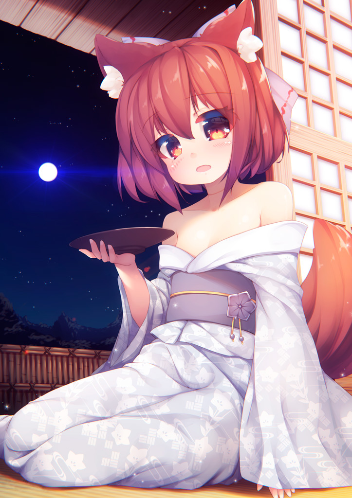 1girl animal_ear_fluff animal_ears bangs bare_shoulders blush bow eyebrows_visible_through_hair fang hair_between_eyes hair_bow hand_up holding holding_plate indoors japanese_clothes kimono long_sleeves looking_at_viewer moon night off_shoulder on_floor open_mouth plate red_eyes redhead sekibanki short_hair sitting skin_fang sky sleeves_past_wrists solo star_(sky) starry_sky tail tail_raised torii_(kedamatori) touhou white_kimono wide_sleeves yukata
