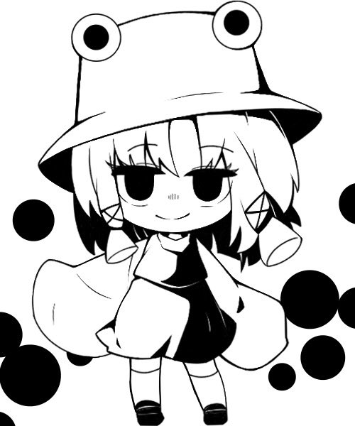 1341398tkrtr 1girl chibi circle closed_mouth greyscale hair_ribbon hat high_contrast long_sleeves looking_at_viewer medium_hair monochrome moriya_suwako ribbon simple_background smile solo touhou white_background wide_sleeves