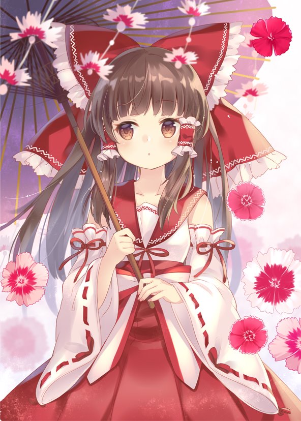 1girl alternate_costume bangs blunt_bangs blush bow brown_eyes brown_hair collarbone commentary_request detached_sleeves eyelashes fingernails flower frilled_bow frilled_hair_tubes frills hair_bow hair_tubes hakurei_reimu holding holding_umbrella japanese_clothes long_hair looking_at_viewer looking_to_the_side miko mimi_(mimi_puru) oil-paper_umbrella open_mouth pleated_skirt red_bow red_flower red_ribbon red_skirt ribbon ribbon-trimmed_sleeves ribbon_trim shiny shiny_hair sidelocks skirt solo standing touhou umbrella white_background white_sleeves wide_sleeves