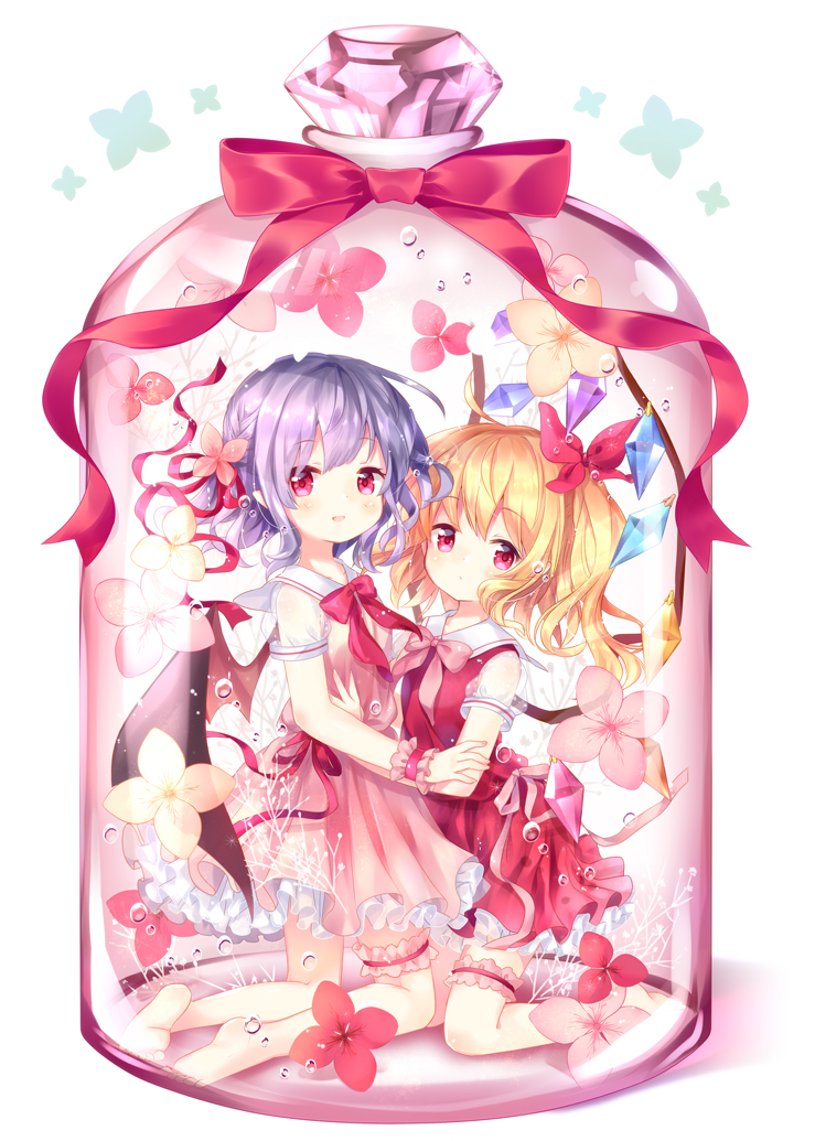 2girls \||/ alternate_costume bangs barefoot bat_wings blonde_hair blush bow breasts commentary_request crystal dress eyebrows_visible_through_hair eyelashes fingernails flandre_scarlet flower frills full_body hand_on_another's_arm in_container kneeling looking_at_viewer mimi_(mimi_puru) minigirl multiple_girls neck_ribbon no_hat no_headwear one_side_up open_mouth pink_dress pink_flower pink_ribbon pointy_ears purple_hair rainbow_order red_bow red_dress red_ribbon remilia_scarlet ribbon shiny shiny_hair short_hair short_sleeves siblings simple_background sisters small_breasts smile thigh_strap touhou water_drop white_background wings wrist_cuffs
