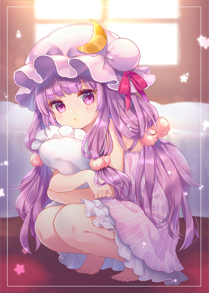 1girl :t bangs barefoot bed bed_sheet blunt_bangs blush commentary_request crescent crescent_hat_ornament double_bun eyebrows_visible_through_hair eyelashes hat hat_ornament hat_ribbon holding holding_pillow knees lingerie long_hair long_sleeves looking_at_viewer mimi_(mimi_puru) mob_cap negligee object_hug patchouli_knowledge pillow pillow_hug pink_headwear pout purple_hair red_ribbon ribbon shiny shiny_hair sidelocks solo squatting star_(symbol) striped touhou underwear violet_eyes window