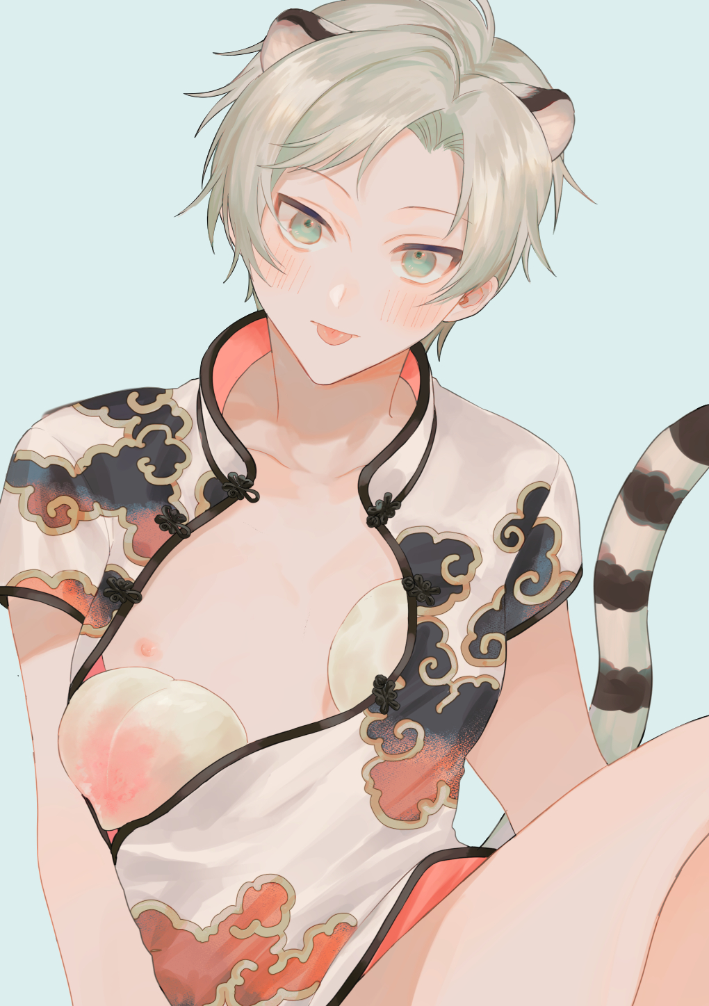 1boy animal_ears bare_legs blue_background blue_eyes breast_padding china_dress chinese_clothes closed_mouth collarbone commentary crossdressing dress grey_hair highres looking_at_viewer male_focus megechan nipples original otoko_no_ko short_hair short_sleeves simple_background sitting solo tail tiger_ears tiger_tail tongue tongue_out white_dress