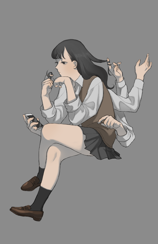 1girl bangs black_eyes black_hair collared_shirt crossed_legs expressionless extra_arms from_side grey_background hair_twirling half-closed_eyes holding holding_phone loafers long_hair original phone pleated_skirt school_uniform shirt shoes shokugyo sitting skirt socks solo sweater_vest