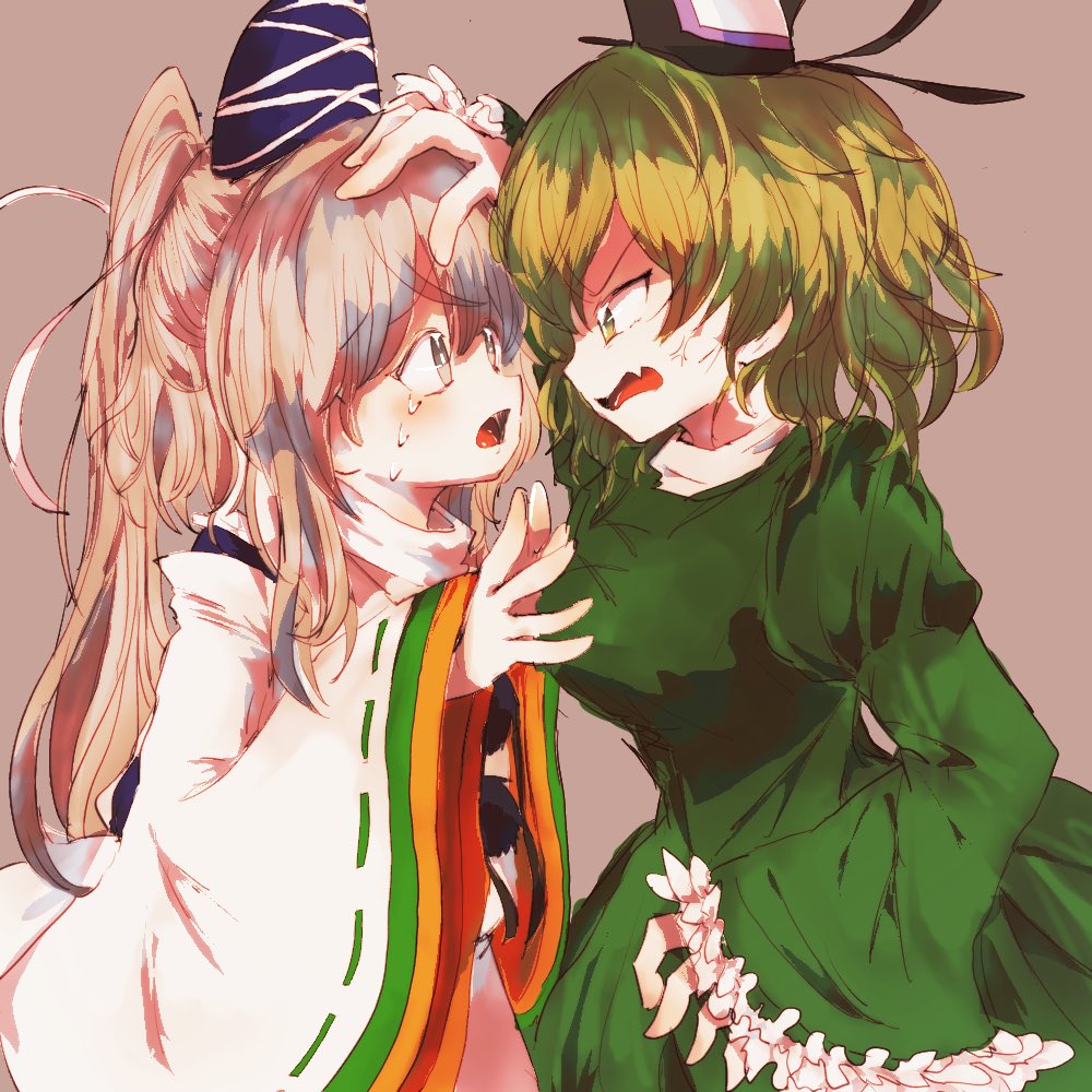 2girls anger_vein bangs black_headwear breasts brown_background brown_hair cross-laced_clothes crying dress fang frilled_dress frills from_side green_dress green_hair grey_eyes hand_on_another's_head hat japanese_clothes juliet_sleeves kariginu large_breasts long_hair long_sleeves looking_at_another maki_(osobabouro) mononobe_no_futo multiple_girls open_mouth ponytail puffy_sleeves ribbon-trimmed_sleeves ribbon_trim short_hair simple_background skin_fang soga_no_tojiko tate_eboshi touhou wide_sleeves