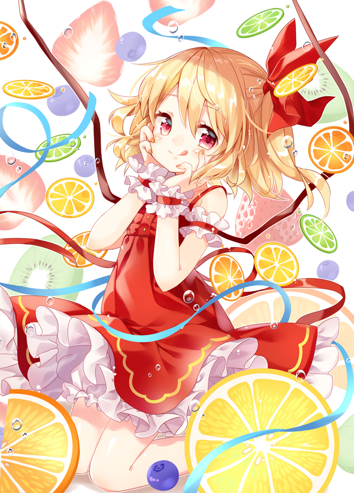 1girl :q bangs bare_shoulders blue_ribbon blush bow closed_mouth commentary_request crystal dress eyelashes flandre_scarlet food fruit hair_ribbon hands_on_own_face kneeling lemon lemon_slice looking_at_viewer mimi_(mimi_puru) no_hat no_headwear one_side_up puffy_short_sleeves puffy_sleeves red_bow red_dress red_eyes red_nails red_ribbon ribbon shiny shiny_hair short_hair short_sleeves sidelocks skirt solo strawberry tongue tongue_out touhou vest water_drop wings wrist_cuffs