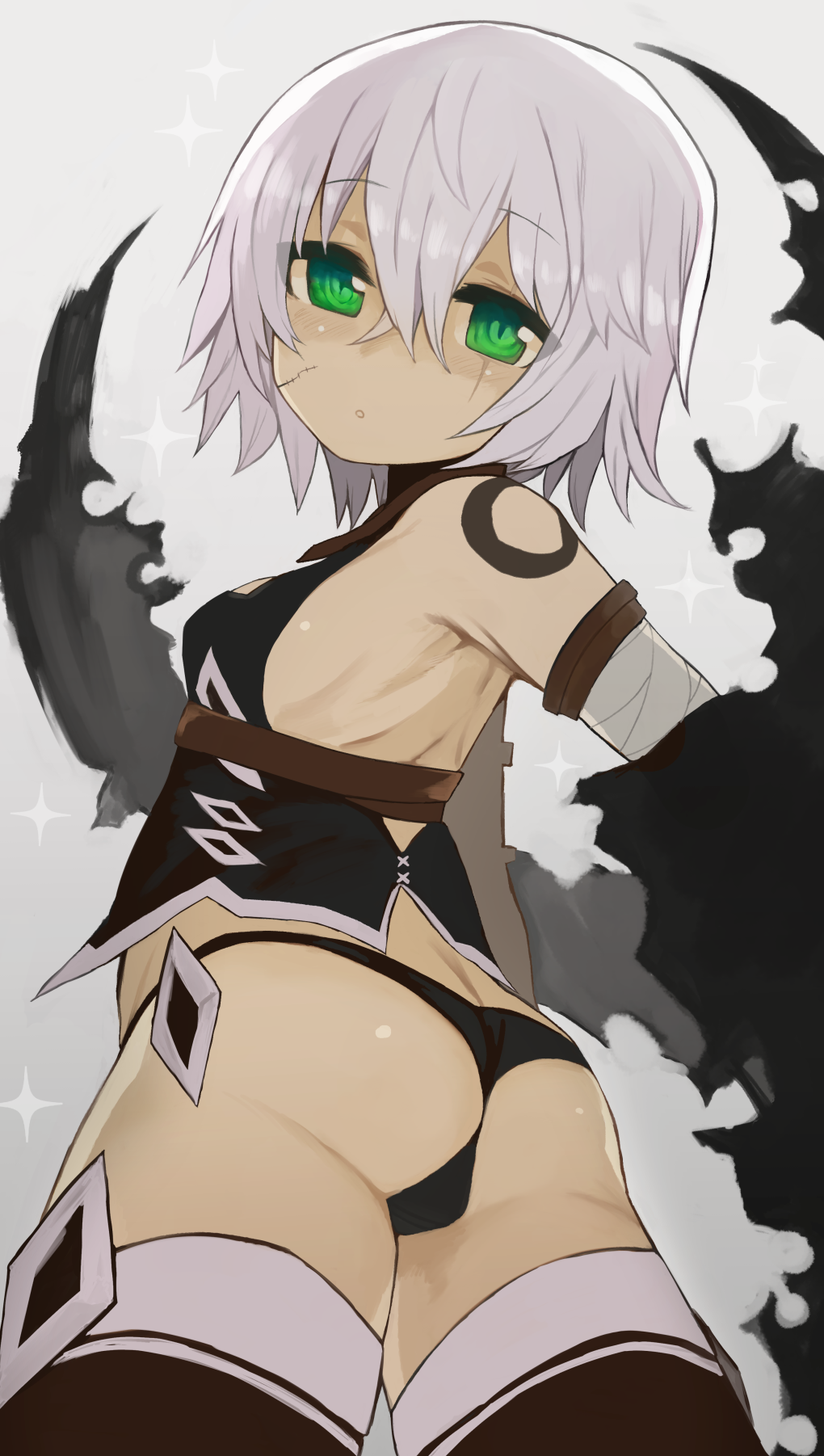 1girl ass back bandaged_arm bandages bare_shoulders black_cloak black_legwear black_panties black_vest breasts cloak cropped_vest fate/apocrypha fate_(series) green_eyes hair_between_eyes highres izuoku jack_the_ripper_(fate/apocrypha) looking_at_viewer looking_back panties scar scar_across_eye scar_on_cheek scar_on_face short_hair shoulder_tattoo small_breasts solo tattoo thigh-highs thighs underwear vest white_hair
