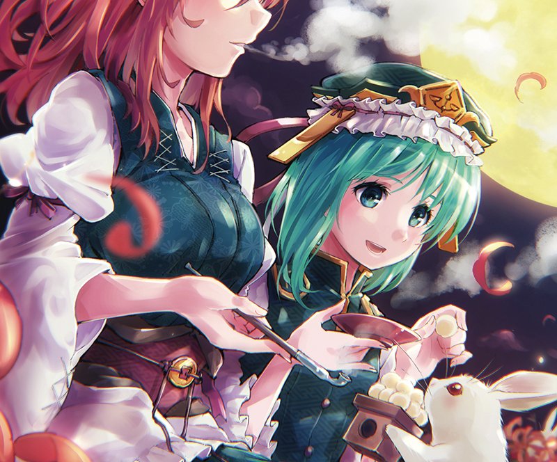 2girls \m/ arm_garter asymmetrical_bangs asymmetrical_hair bangs blue_vest bow breasts clouds cloudy_sky coin_on_string commentary_request cup epaulettes eyelashes fingernails flower frilled_sleeves frills full_moon green_eyes green_hair hair_bobbles hair_ornament holding holding_cup juliet_sleeves kiseru kitsune_maru large_breasts long_sleeves looking_at_animal lower_teeth mochi moon multiple_girls night obi onozuka_komachi open_mouth outdoors pipe puffy_sleeves rabbit red_bow red_eyes red_ribbon redhead ribbon sakazuki sash shiki_eiki shiny shiny_hair shirt sky smoke smoking spider_lily teeth tongue touhou two_side_up upper_teeth vest whiskers white_shirt wide_sleeves
