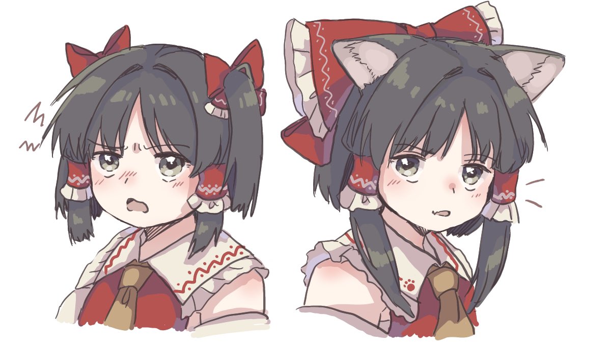 1girl alternate_hairstyle animal_ears ascot bandages bangs bare_shoulders blush bow cat_ears commentary_request detached_sleeves dress eyebrows_visible_through_hair frills grey_eyes grey_hair hair_bow hair_ornament hair_tubes hakurei_reimu looking_to_the_side looking_up matsukuzu open_mouth parted_bangs red_bow red_dress short_hair short_sleeves simple_background smile solo touhou upper_body white_background wide_sleeves yellow_ascot