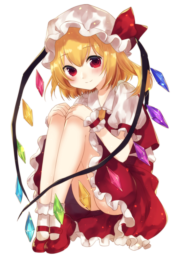 1girl ass bangs blonde_hair blush bow closed_mouth crystal eyebrows_visible_through_hair flandre_scarlet floating full_body hair_bow hands_on_own_knees hat kirisita knees_up light_smile looking_at_viewer mob_cap one-hour_drawing_challenge one_side_up petticoat puffy_short_sleeves puffy_sleeves red_bow red_eyes red_skirt red_vest short_hair short_sleeves simple_background skirt solo touhou vest white_background wings wrist_cuffs