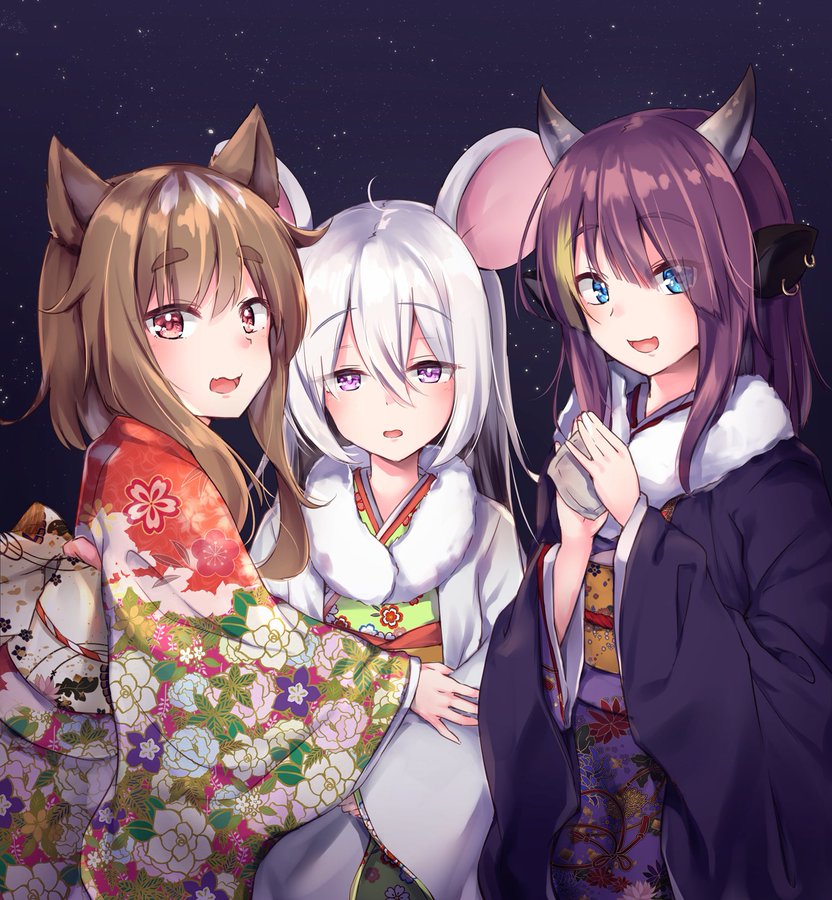 3girls ahoge animal_ears aqua_eyes bangs blush brown_hair cow_ears cowboy_shot earrings eyebrows_visible_through_hair eyes_visible_through_hair fang floral_print hair_between_eyes hair_over_shoulder hatsumoude horns japanese_clothes jewelry kimono long_hair looking_at_viewer mouse_ears multiple_girls new_year night open_mouth original outdoors own_hands_together purple_hair red_eyes shiny shiny_hair skin_fang sky star_(sky) starry_sky thick_eyebrows tiger_ears violet_eyes white_hair yuki_kawachi