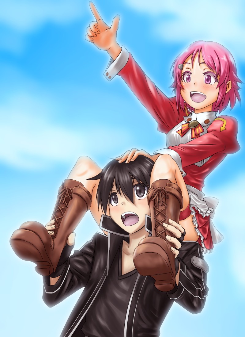 1boy 1girl :d apron black_eyes black_gloves black_hair blush boots bow bowtie carrying coat commentary_request day dress fingerless_gloves frilled_skirt frills from_below gloves grey_eyes hair_ornament hairclip happy kanae_akita kirito lisbeth open_mouth pink_hair pointing puffy_sleeves shoe_soles short_hair shoulder_carry skirt sky smile sword_art_online teeth violet_eyes