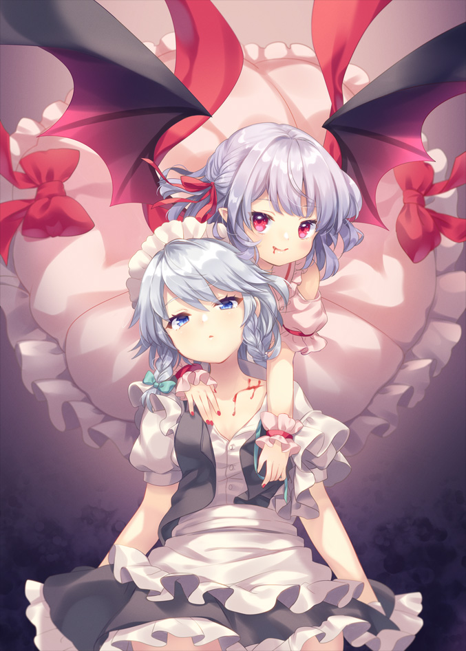 2girls \||/ apron back_bow bangs bare_shoulders bat_wings bite_mark blood blood_drip blood_from_mouth blue_eyes blue_vest blush bow buttons collarbone commentary_request dress dress_bow eyelashes frilled_dress frills green_ribbon hair_bow hair_ribbon hand_on_another's_shoulder injury izayoi_sakuya looking_at_viewer maid maid_apron maid_headdress mimi_(mimi_puru) multiple_girls open_clothes open_shirt pink_dress pointy_ears puffy_short_sleeves puffy_sleeves purple_hair red_bow red_eyes red_nails red_ribbon red_sash remilia_scarlet ribbon sash shiny shiny_hair shirt short_sleeves sidelocks silver_hair smile touhou tress_ribbon vest white_apron white_shirt wings wrist_cuffs