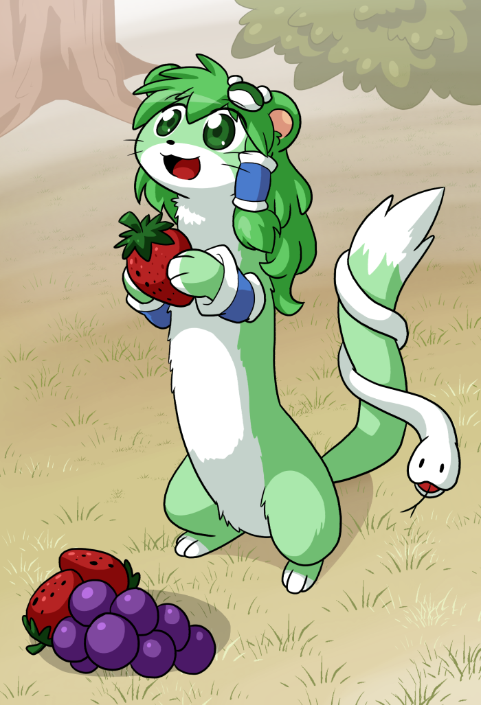 1girl :3 animal animalization bush coffgirl detached_sleeves food fruit grapes grass green_fur green_hair hair_tubes kochiya_sanae log outdoors smile snake strawberry tail touhou tree weasel whiskers white_fur