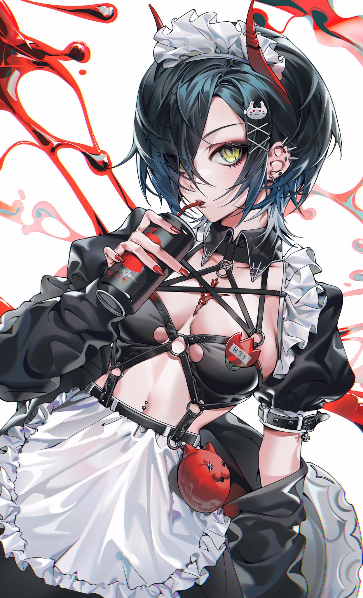 1girl apron azur_lane belt bikini black_hair black_jacket breast_strap can cat_hair_ornament detached_collar ear_piercing eyebrows_visible_through_hair eyes_visible_through_hair fingernails flipchers hair_ornament hair_over_one_eye highres holding holding_can horns jacket jacket_partially_removed maid_bikini maid_headdress mechanical_horns name_tag navel_piercing o-ring o-ring_top official_alternate_costume piercing puffy_short_sleeves puffy_sleeves red_horns red_nails short_sleeves slit_pupils swimsuit ulrich_von_hutten_(azur_lane) ulrich_von_hutten_(mayhem_maid)_(azur_lane) waist_apron white_background wing_collar x_hair_ornament yellow_eyes