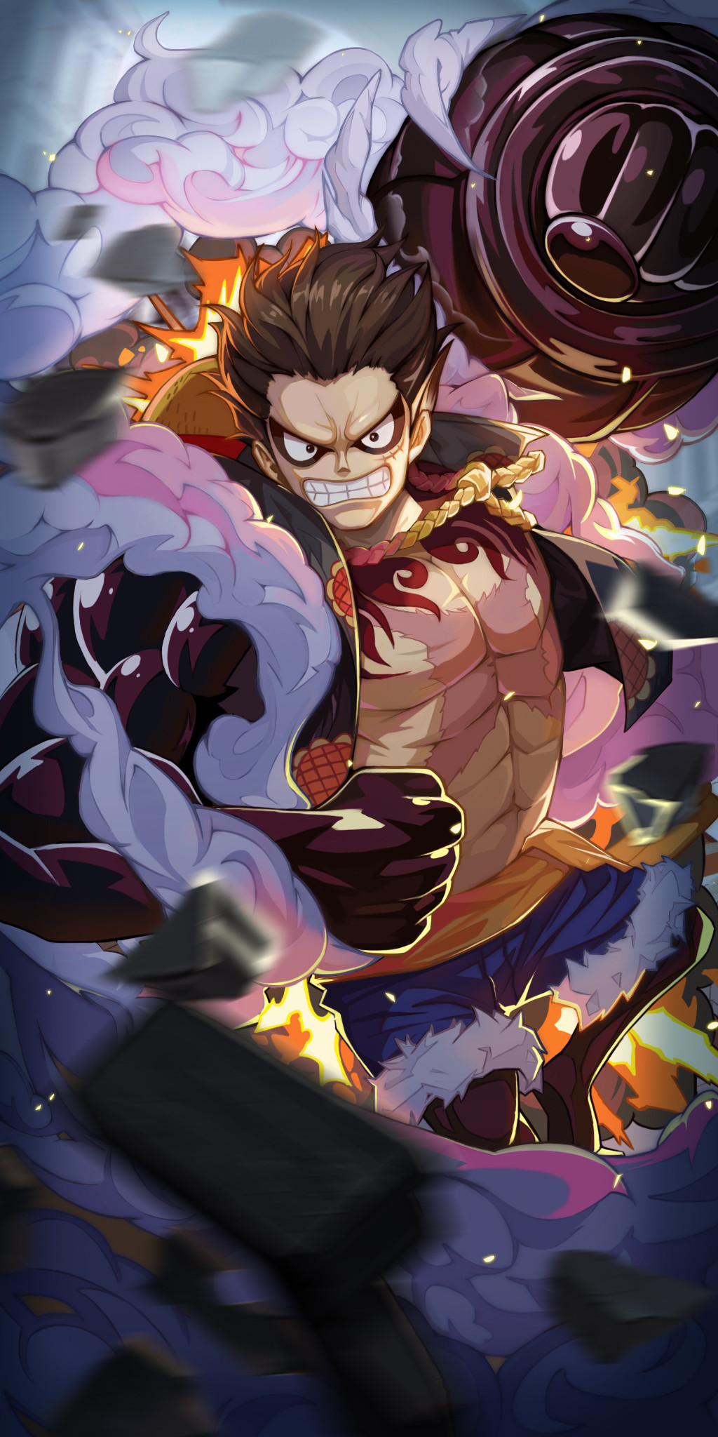1boy abs black_eyes black_hair black_shirt black_skin blue_shorts chest_tattoo clenched_hands clenched_teeth colored_skin denim denim_shorts fur_trim gear_fourth haki hat hat_on_back highres male_focus monkey_d._luffy multicolored_skin muscular muscular_male no_eyebrows one_piece open_clothes open_mouth open_shirt pectorals rope scar scar_on_chest scar_on_face shirt short_hair shorts smoke solo steam straw_hat tattoo teeth yyoumeng