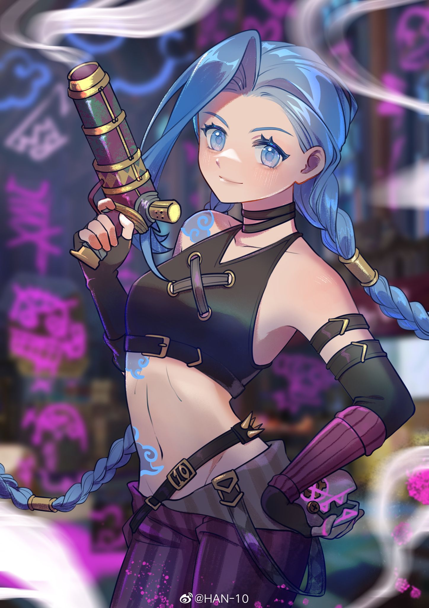 1girl arcane:_league_of_legends arcane_jinx artist_name asymmetrical_bangs bangs bare_shoulders blue_eyes blue_hair blurry blurry_background blush braid breasts closed_mouth cloud_tattoo collarbone fingerless_gloves gloves gun han-10 hand_up highres holding holding_gun holding_weapon jinx_(league_of_legends) league_of_legends long_hair looking_at_viewer navel pants shoulder_tattoo smile solo striped striped_pants tattoo twin_braids weapon