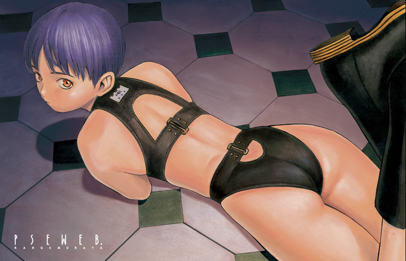 1girl amputee arm_support artist_name ass back bangs bikini black_bikini black_footwear boots feet_up from_above from_behind indoors looking_at_viewer looking_back lying midriff murata_range no_arms on_floor on_stomach orange_eyes original purple_hair short_hair solo swimsuit tile_floor tiles