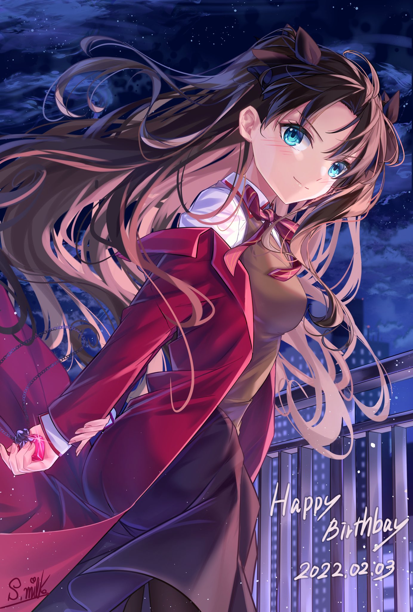 1girl black_hair black_legwear blue_eyes blush clouds commentary dated fate/stay_night fate_(series) floating_hair happy_birthday highres long_hair looking_at_viewer nattsu_(nattu888_8) night outdoors signature solo standing tohsaka_rin