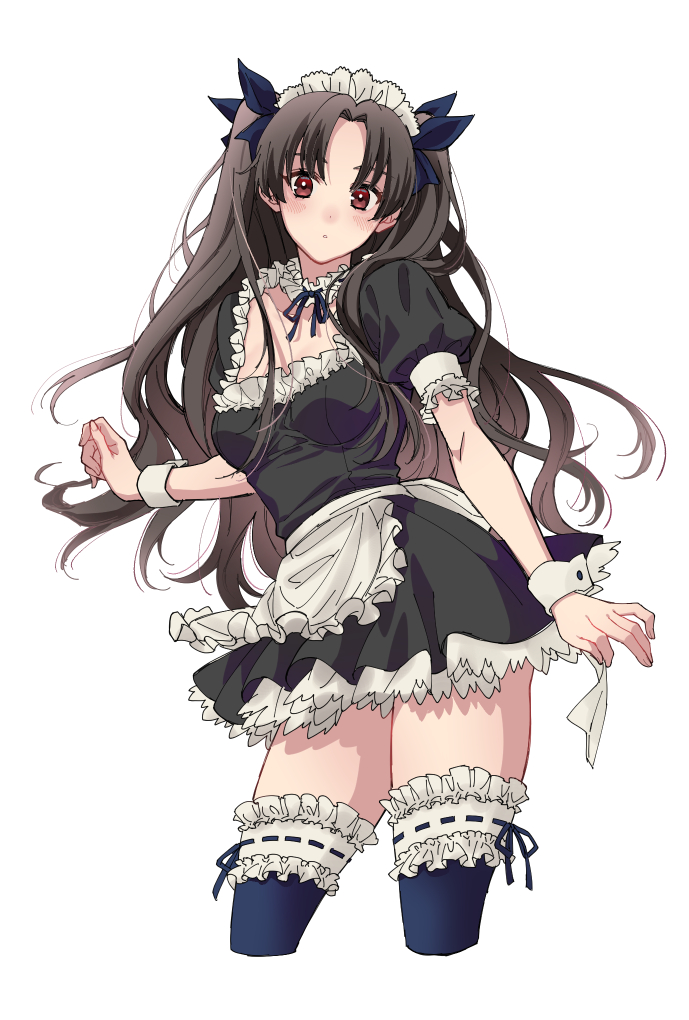 1girl aburi_rare alternate_costume black_bow black_hair blush bow breasts commentary cropped_legs enmaided fate/grand_order fate_(series) forehead ishtar_(fate) lace-trimmed_legwear lace_trim long_hair looking_at_viewer maid maid_headdress medium_breasts red_eyes solo thigh-highs thighs two_side_up white_background wrist_cuffs