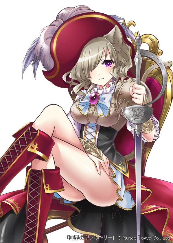1girl animal_ears ass boots bow breasts cat_ears chair copyright_name crossed_legs dress hat holding holding_sword holding_weapon medium_hair official_art one_eye_covered rapier red_footwear red_headwear shinkai_no_valkyrie simple_background sitting solo sword thighs violet_eyes weapon white_background white_bow yoshino35