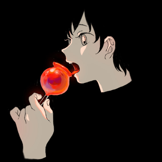 1girl apple bangs black_background black_hair candy_apple eating face food from_side fruit hands holding holding_food limited_palette open_mouth original profile shokugyo short_hair solo spot_color