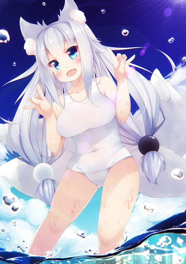 1girl animal_ear_fluff animal_ears aqua_eyes bangs blue_sky blush breasts clouds cloudy_sky collarbone covered_navel double_fox_shadow_puppet eyebrows_visible_through_hair fang fox_ears fox_girl fox_shadow_puppet fox_tail from_below hair_over_shoulder hands_up japanese_clothes kitsune large_breasts lens_flare long_hair looking_at_viewer low-tied_long_hair multiple_tails old_school_swimsuit one-piece_swimsuit open_mouth original outdoors school_swimsuit skin_fang sky solo swimsuit tail torii_(kedamatori) very_long_hair wading water wet white_hair white_swimsuit
