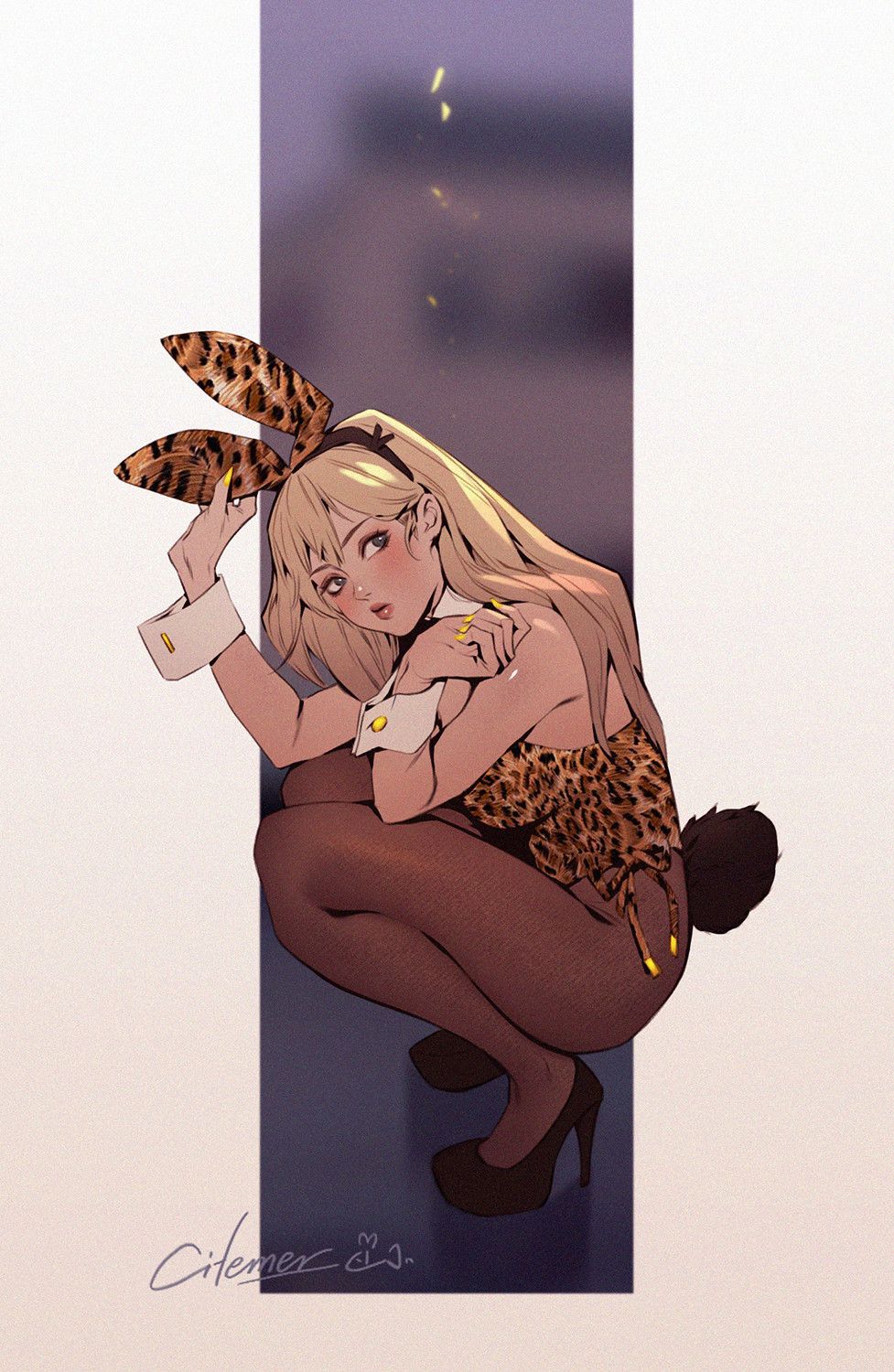 1girl animal_ears animal_print artist_logo bare_shoulders black_headband blonde_hair blurry blurry_background border breasts citemer closed_mouth curled_fingers detached_collar english_commentary eyebrows fake_animal_ears full_body hair_between_eyes hand_up headband high_heels highleg highleg_leotard highres leopard_print leotard long_hair looking_to_the_side original pantyhose platform_footwear platform_heels playboy_bunny rabbit_tail red_lips shadow side-tie_leotard sideboob signature solo squatting strapless strapless_leotard tail violet_eyes white_border wrist_cuffs yellow_nails