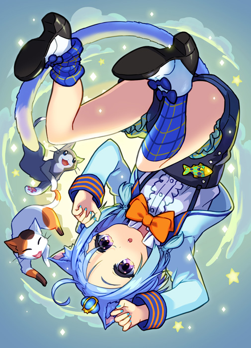 1girl ahoge animal animal_ear_fluff animal_ears aqua_nails arm_up black_cat black_shorts blue_bow blue_cardigan blue_hair blue_legwear bow bow_footwear bowtie braid calico cardigan cat cat_ears cat_girl cat_tail collared_shirt diamond_(symbol) frilled_shirt frills hand_up hisana kneehighs medium_hair nail_polish open_cardigan open_clothes orange_bow orange_bowtie original paw_pose plaid plaid_legwear shirt shoes short_shorts shorts side_braid solo star_(symbol) suspenders tail upside-down violet_eyes white_shirt