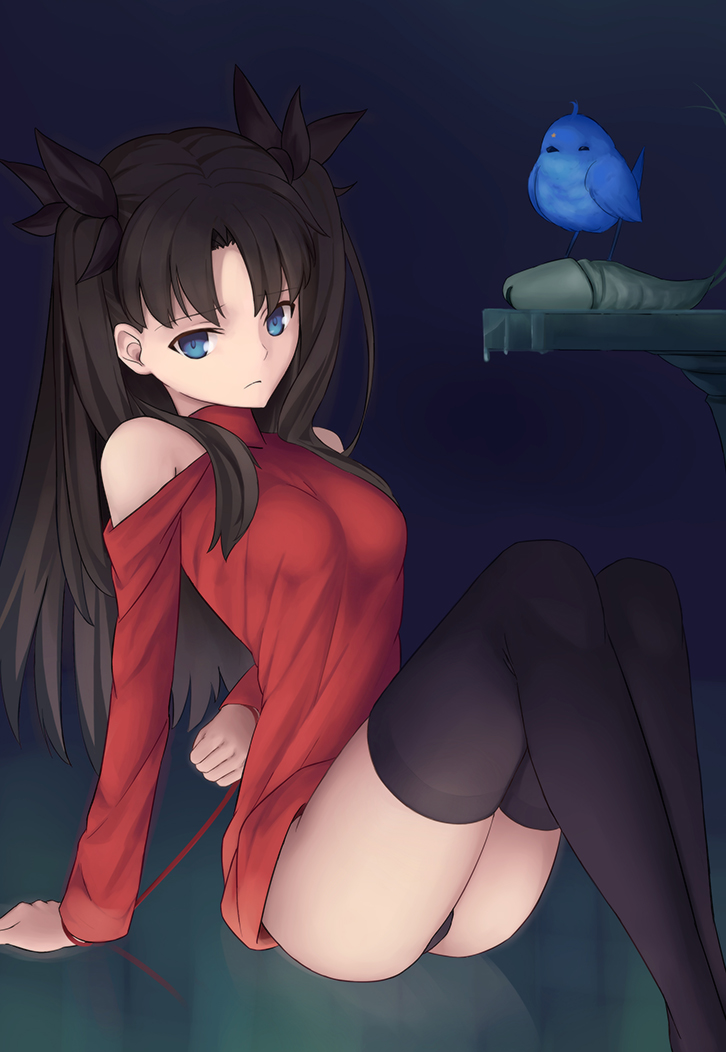 1girl arm_behind_back bare_shoulders bird black_hair black_legwear black_panties blue_bird blue_eyes bound bound_wrists breasts clenched_hand closed_mouth commentary_request crest_worm fate/stay_night fate_(series) feet_out_of_frame frown hair_ornament hair_ribbon knees_up long_hair long_legs no_pants panties red_shirt revision ribbon shirt sitting small_breasts string string_of_fate thigh-highs thighs thread tohsaka_rin tsuki_suigetsu two_side_up underwear