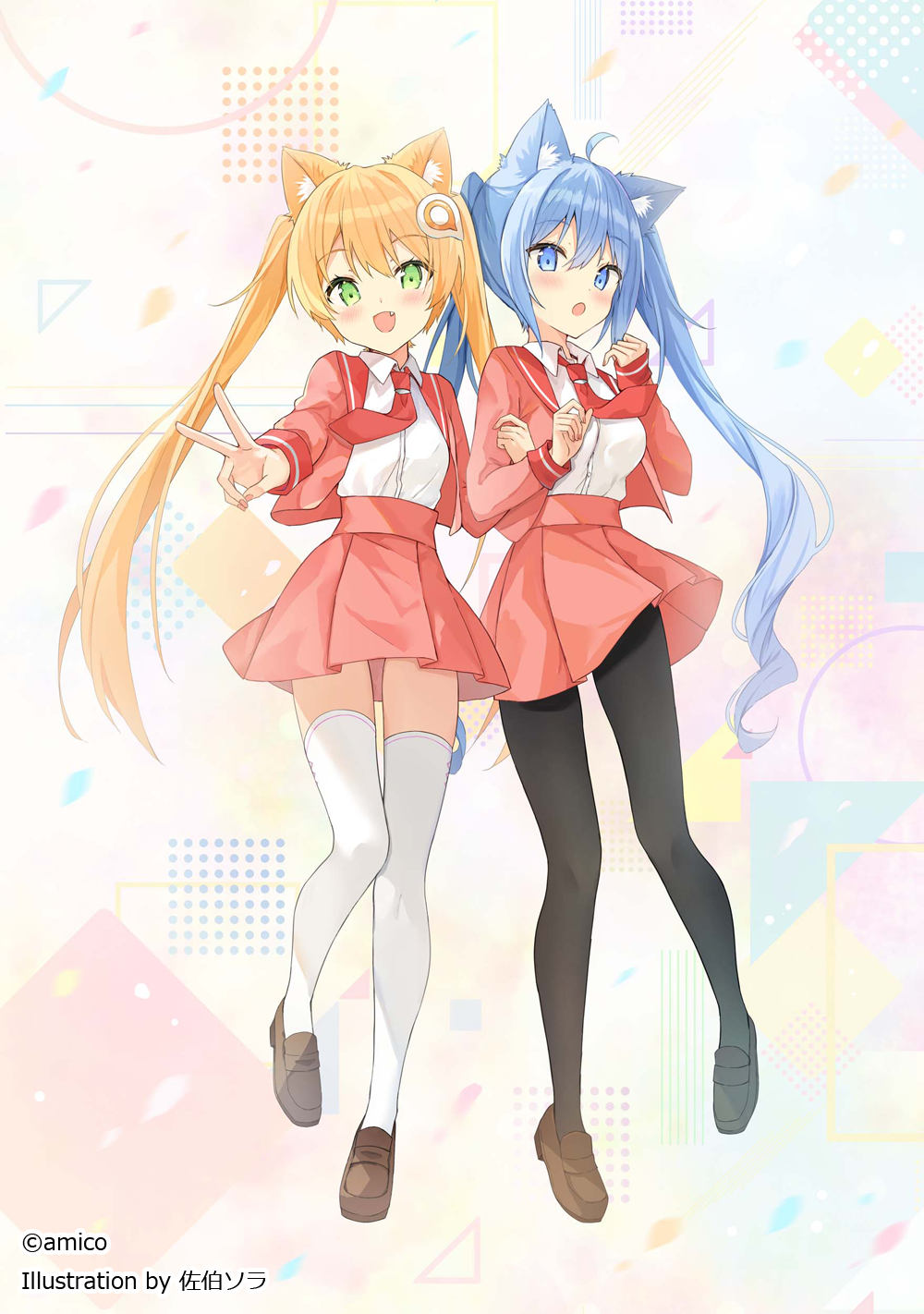 2girls :d :o ahoge amiami_(company) amico animal_ear_fluff animal_ears bangs black_legwear blonde_hair blue_eyes blue_hair blush brown_footwear cat_ears collared_shirt commentary_request dress_shirt eyebrows_visible_through_hair fang green_eyes hair_between_eyes highres lilco loafers long_hair long_sleeves looking_at_viewer multiple_girls necktie open_clothes open_shirt outstretched_arm pantyhose pleated_skirt red_necktie red_sailor_collar red_shirt red_skirt saeki_sora sailor_collar shirt shoes skirt smile standing standing_on_one_leg twintails_day v very_long_hair white_legwear white_shirt
