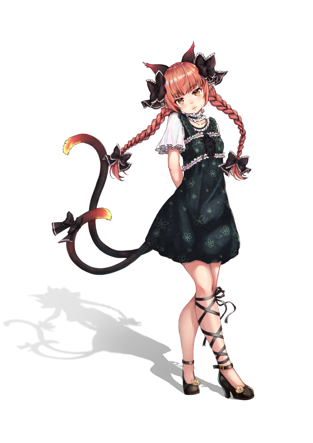1girl adapted_costume animal_ears arms_behind_back bangs black_bow black_ribbon blunt_bangs blush bow braid breasts cat_ears cat_tail choker closed_mouth collarbone extra_ears eyebrows_visible_through_hair forth_(forthtin) frilled_choker frills full_body hair_bow hair_ribbon head_tilt high_heels highres kaenbyou_rin leg_ribbon light_smile long_hair looking_at_viewer multiple_tails nekomata pointy_ears red_eyes redhead ribbon shadow short_sleeves simple_background small_breasts solo standing tail tail_bow tail_ornament touhou tress_ribbon twin_braids twintails two_tails white_background