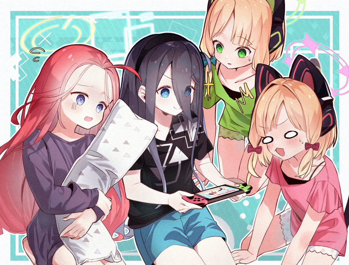 4girls :3 ^^^ akutaa alternate_costume arisu_(blue_archive) bare_legs barefoot black_camisole black_headband black_shirt blonde_hair blue_archive blue_background blue_eyes blue_shorts blush border bow camisole casual cat_ear_headphones closed_mouth collarbone forehead green_bow green_eyes green_shirt hair_bow halo hand_on_own_arm headband headphones kneeling long_hair long_sleeves looking_at_object medium_hair midori_(blue_archive) momoi_(blue_archive) multiple_girls nintendo_switch object_hug on_floor open_mouth pillow pillow_hug playing_games red_bow red_shirt redhead seiza shirt short_sleeves shorts sitting smile smug strap sweat t-shirt very_long_hair worried yuzu_(blue_archive)