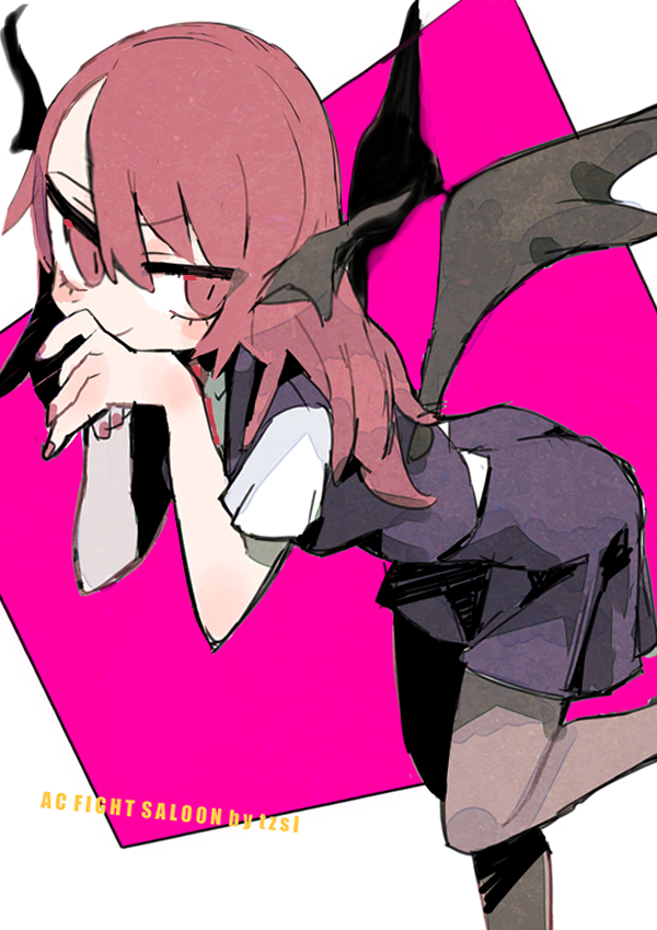 1girl bangs bat_wings bent_over black_legwear black_skirt black_vest blush closed_mouth covering_mouth eyebrows_visible_through_hair feet_out_of_frame hair_between_eyes head_wings koakuma long_hair looking_to_the_side pantyhose pink_background raised_eyebrow red_eyes redhead short_sleeves simple_background skirt smile solo standing standing_on_one_leg touhou tsurime tsuru_(nekopanchi) vest white_background wings