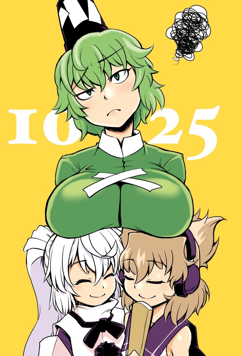 3girls bangs bare_shoulders blush breast_rest breasts breasts_day breasts_on_head closed_eyes closed_mouth commentary_request cross-laced_clothes dress earmuffs eyebrows_visible_through_hair eyelashes green_dress green_eyes green_hair hat head_tilt highres holding japanese_clothes kagehito kariginu large_breasts light_brown_hair lips long_hair long_sleeves looking_at_viewer mononobe_no_futo multiple_girls pointy_hair pom_pom_(clothes) ponytail ritual_baton sailor_collar shirt short_hair silver_hair simple_background sleeveless sleeveless_shirt smile soga_no_tojiko squiggle standing tate_eboshi touhou toyosatomimi_no_miko yellow_background