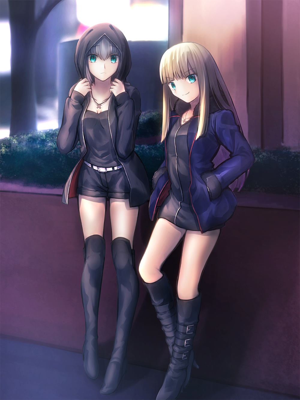 2girls artoria_pendragon_(fate) bangs belt blonde_hair blunt_bangs commentary_request cosplay fate/grand_order fate_(series) gray_(fate) grey_hair hands_in_pockets highres hood hoodie jeanne_d'arc_(alter)_(fate) jeanne_d'arc_(alter)_(fate)_(cosplay) jeanne_d'arc_(fate) jet_black_king_of_knights_ver._shinjuku_1999 kneehighs lord_el-melloi_ii_case_files migiha multiple_girls reines_el-melloi_archisorte revision saber_alter saber_alter_(cosplay) smile tank_top thigh-highs thighs wicked_dragon_witch_ver._shinjuku_1999