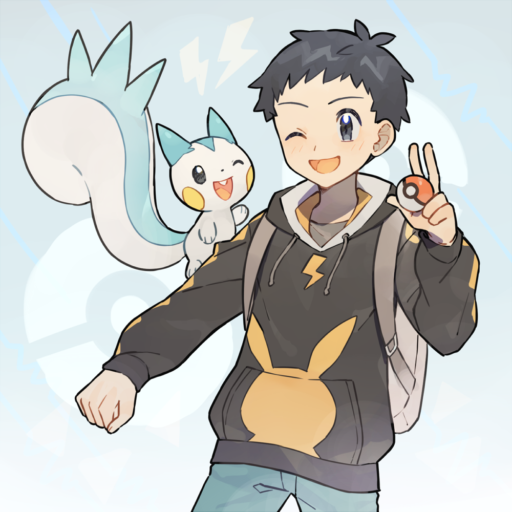 1boy ;d backpack bag bangs black_hair blush clenched_hand commentary_request cowboy_shot green_pants grey_bag grey_eyes hand_up happy holding holding_poke_ball hood hoodie lucas_(pokemon) male_focus one_eey_closed one_eye_closed open_mouth pachirisu pants poke_ball poke_ball_(basic) poke_ball_symbol pokemon pokemon_(creature) pokemon_(game) pokemon_bdsp pokemon_on_arm rata_(m40929) short_hair smile tongue
