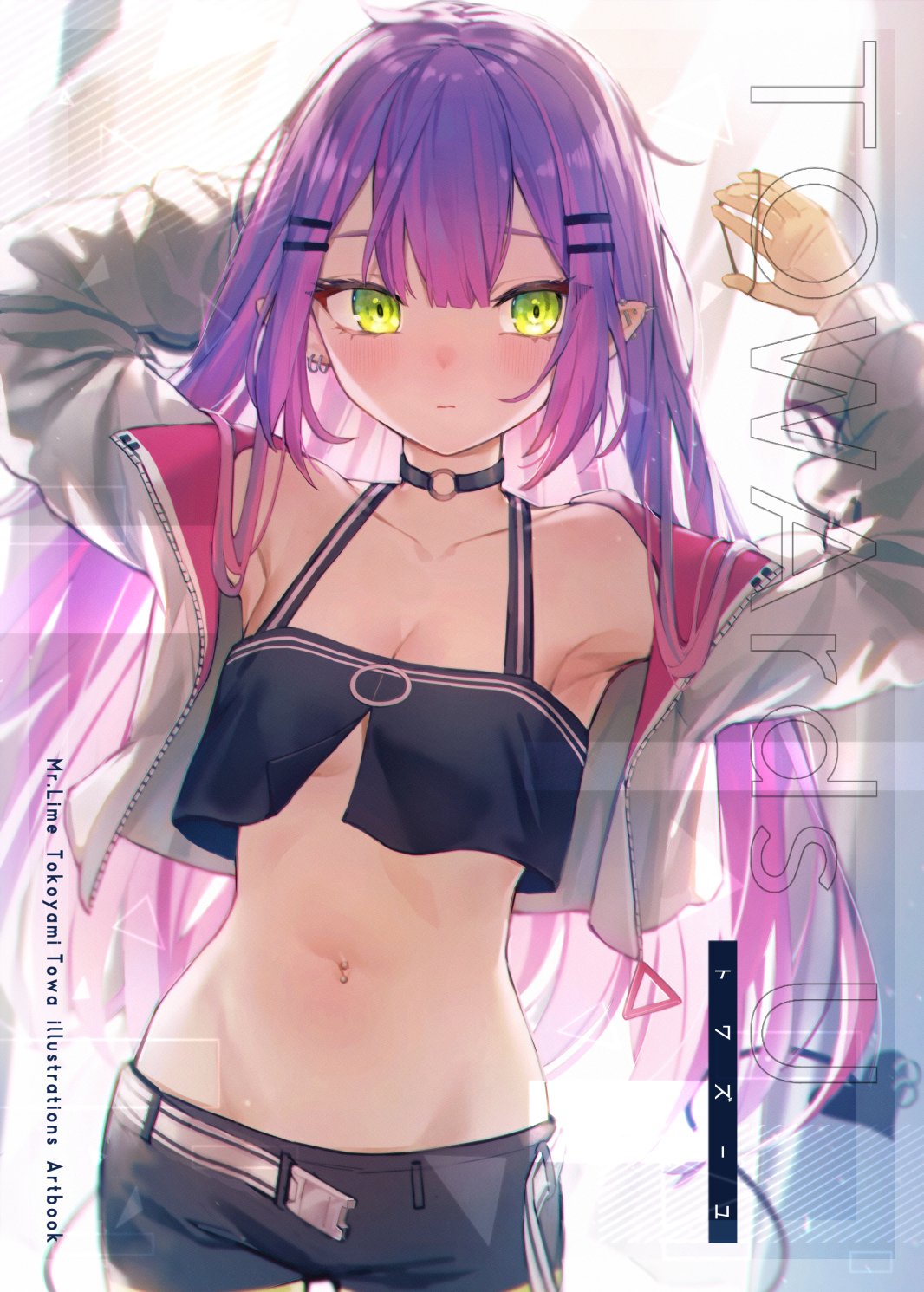 1girl arm_behind_head arms_up black_shorts blush breasts character_name choker closed_mouth cowboy_shot crop_top cropped_jacket ear_piercing green_eyes hair_tie highres hololive jacket long_sleeves looking_at_viewer medium_breasts mr.lime multicolored_hair navel navel_piercing o-ring o-ring_choker open_clothes open_jacket piercing pink_hair pointy_ears purple_hair shorts solo standing stomach tail tokoyami_towa two-tone_hair virtual_youtuber white_jacket