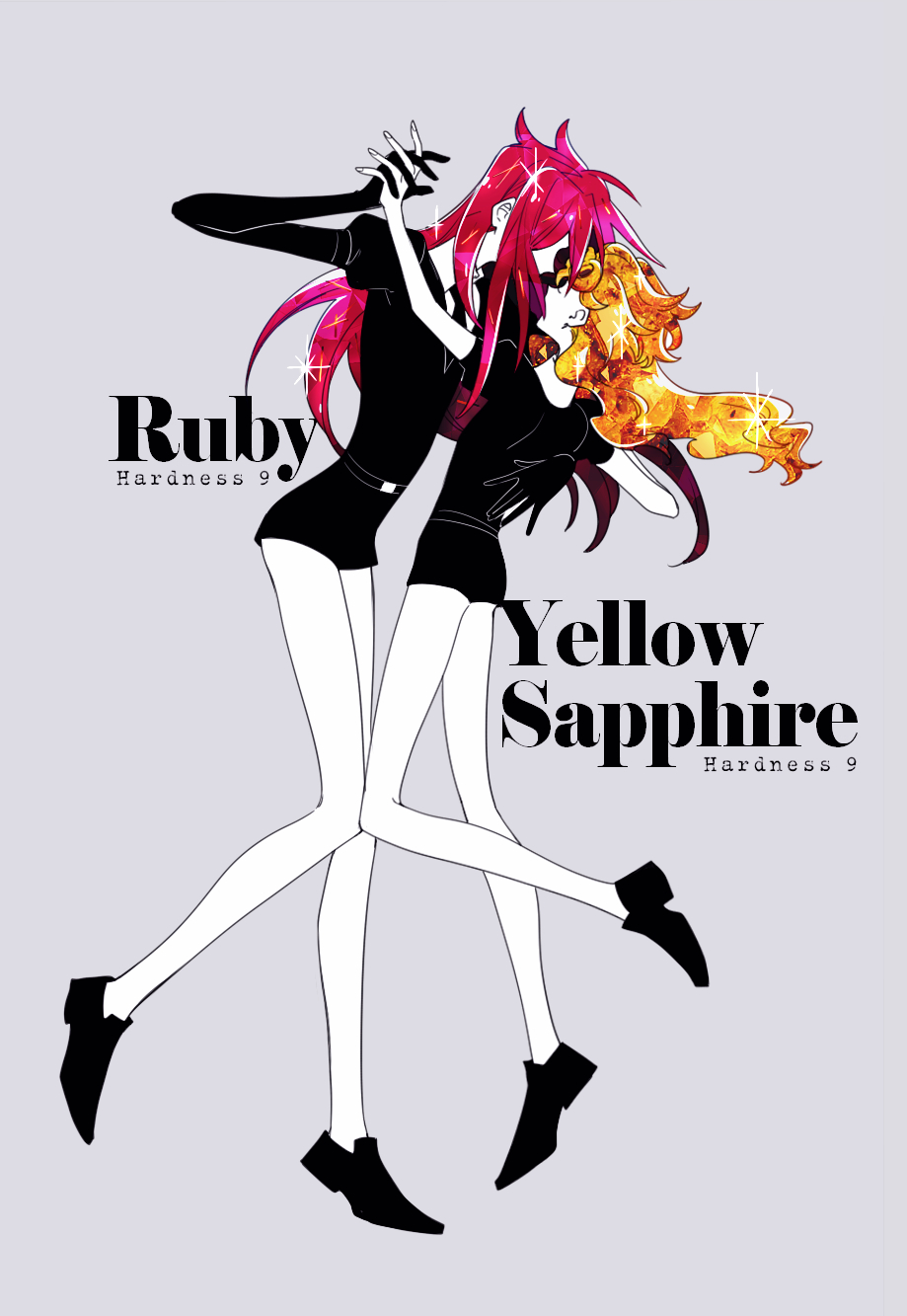 2boys androgynous black_neckwear black_shorts collared_shirt crystal_hair dancing diavolo elbow_gloves faceless gem_uniform_(houseki_no_kuni) giorno_giovanna gloves highres houseki_no_kuni interlocked_fingers jojo_no_kimyou_na_bouken multiple_boys polka_dot_hair puffy_short_sleeves puffy_sleeves sempon_(doppio_note) shirt short_shorts short_sleeves shorts vento_aureo