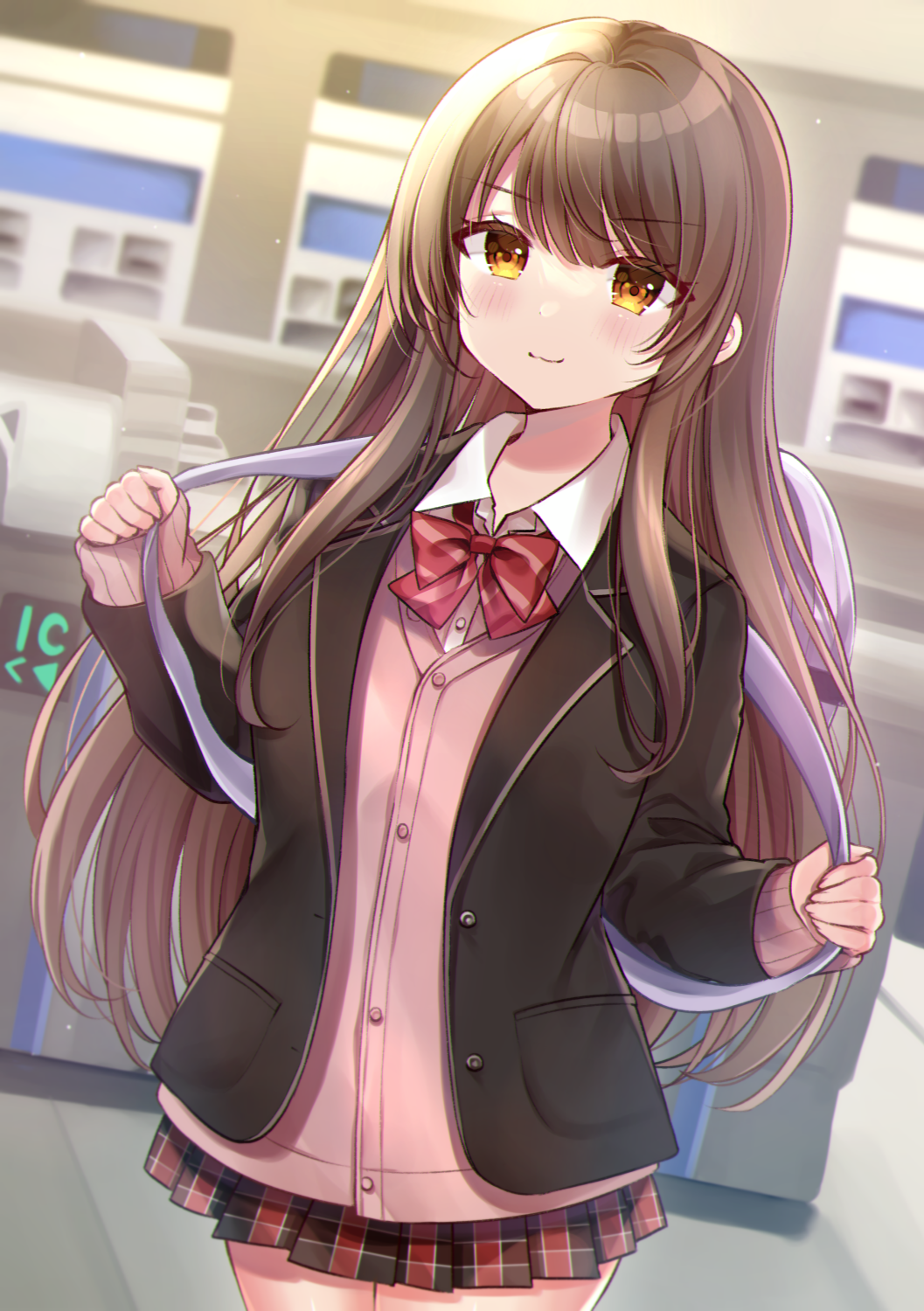 &gt;:) 1girl backpack bag bangs black_jacket black_skirt blazer blush bow brown_eyes brown_hair cardigan closed_mouth collared_shirt commentary_request diagonal-striped_bow dress_shirt dutch_angle eyebrows_visible_through_hair hair_between_eyes highres holding_strap indoors jacket long_hair long_sleeves minami_saki open_clothes open_jacket original pink_cardigan plaid plaid_skirt pleated_skirt red_bow school_uniform shirt skirt sleeves_past_wrists smile solo tollway v-shaped_eyebrows very_long_hair white_shirt