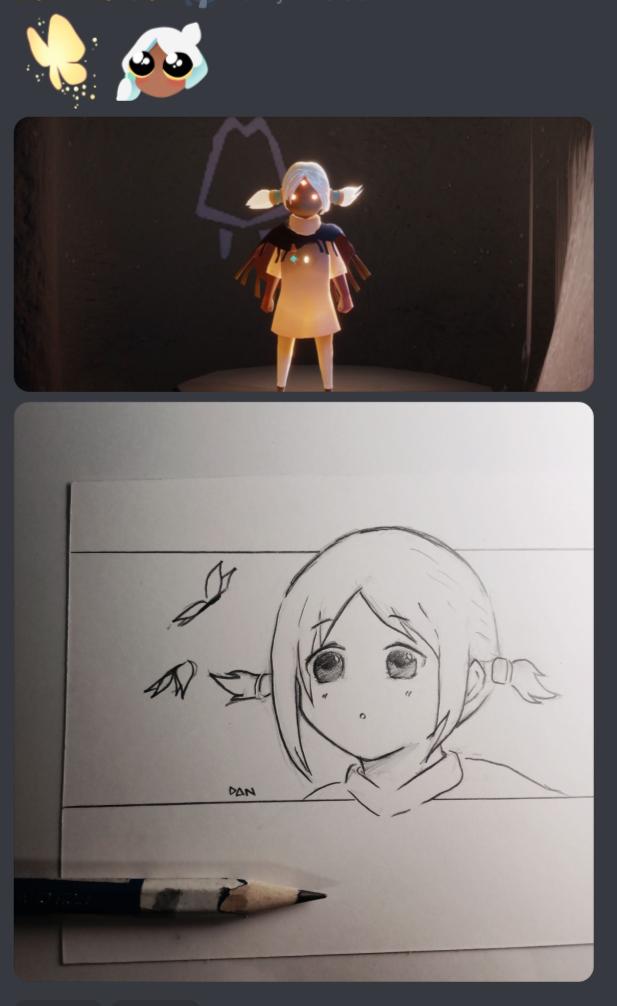 1girl :o awestruck bangs bug butterfly define_dan discord emoji eyebrows_visible_through_hair graphite_(medium) high_collar monochrome outside_border parted_bangs screencap sky:_children_of_the_light sky_child solo traditional_media twintails