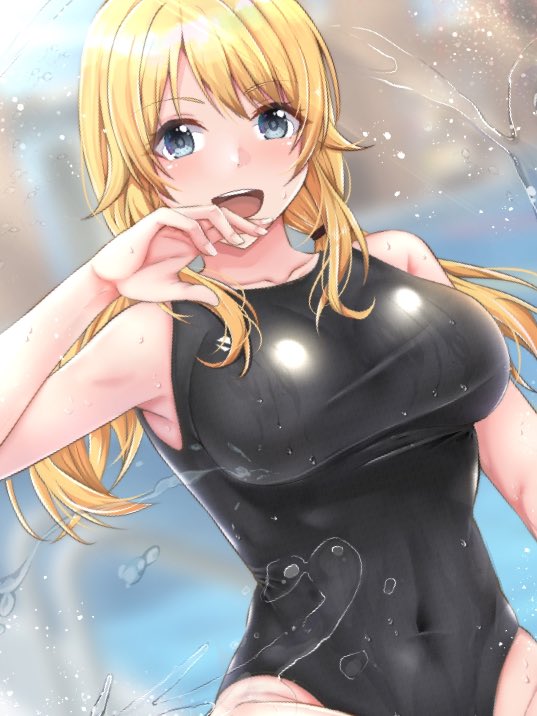 1girl black_swimsuit blonde_hair blue_eyes breasts collarbone competition_swimsuit covered_navel eyebrows_visible_through_hair hachimiya_meguru idolmaster idolmaster_shiny_colors large_breasts long_hair low_twintails one-piece_swimsuit open_mouth shohei_(piranha5hk) smile solo swimsuit twintails water