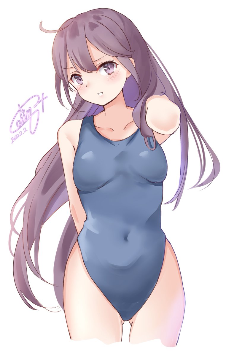 1girl ahoge akebono_(kancolle) alternate_hairstyle blue_swimsuit breasts commentary_request covered_navel cowboy_shot dated hair_down highleg highleg_swimsuit highres kantai_collection long_hair looking_at_viewer one-hour_drawing_challenge parted_lips pen_chou purple_hair signature simple_background small_breasts solo swimsuit very_long_hair violet_eyes white_background