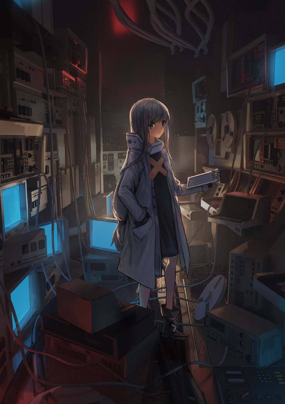 1girl 3d_background black_dress black_eyes cable closed_mouth coat commentary computer dark dress full_body grey_footwear grey_hair hand_in_pocket highres holding indoors keyboard_(computer) light_particles long_hair long_sleeves looking_at_viewer low-tied_long_hair machinery mixed_media monitor open_clothes open_coat original pipes screen shoes solo standing white_coat xiaomai_yorik