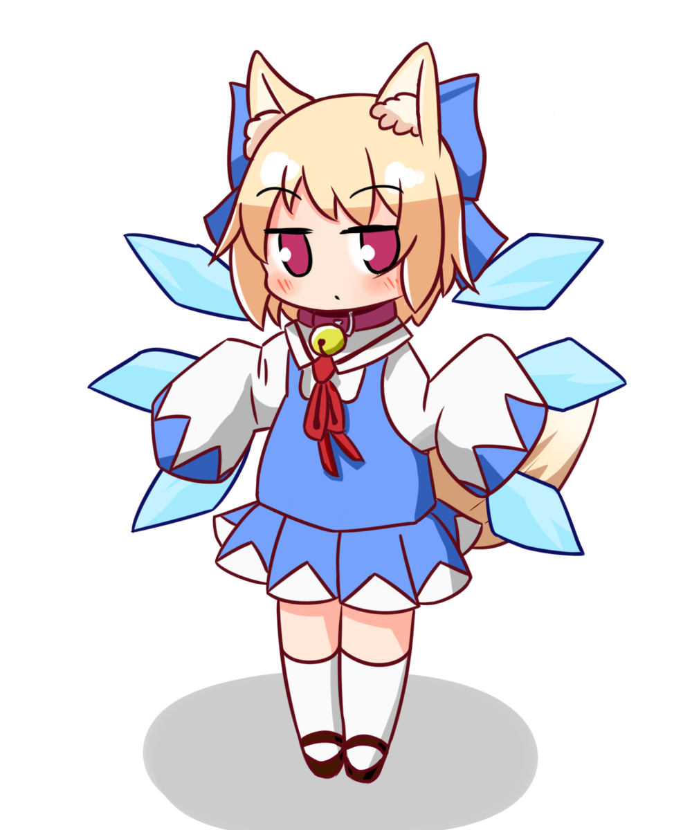 1girl animal_ear_fluff animal_ears bangs bell black_footwear blue_bow blue_skirt blue_vest bow cirno cirno_(cosplay) closed_mouth collar cosplay detached_wings dot_mouth eyebrows_visible_through_hair fox_ears fox_girl fox_tail full_body hair_bow highres jitome kemomimi-chan_(naga_u) lbcirno9 light_brown_hair long_sleeves mary_janes medium_hair neck_bell neck_ribbon no_nose pleated_skirt purple_collar red_ribbon ribbon shadow shirt shoes simple_background skirt sleeves_past_fingers sleeves_past_wrists tail touhou vest violet_eyes white_background white_legwear white_shirt wings