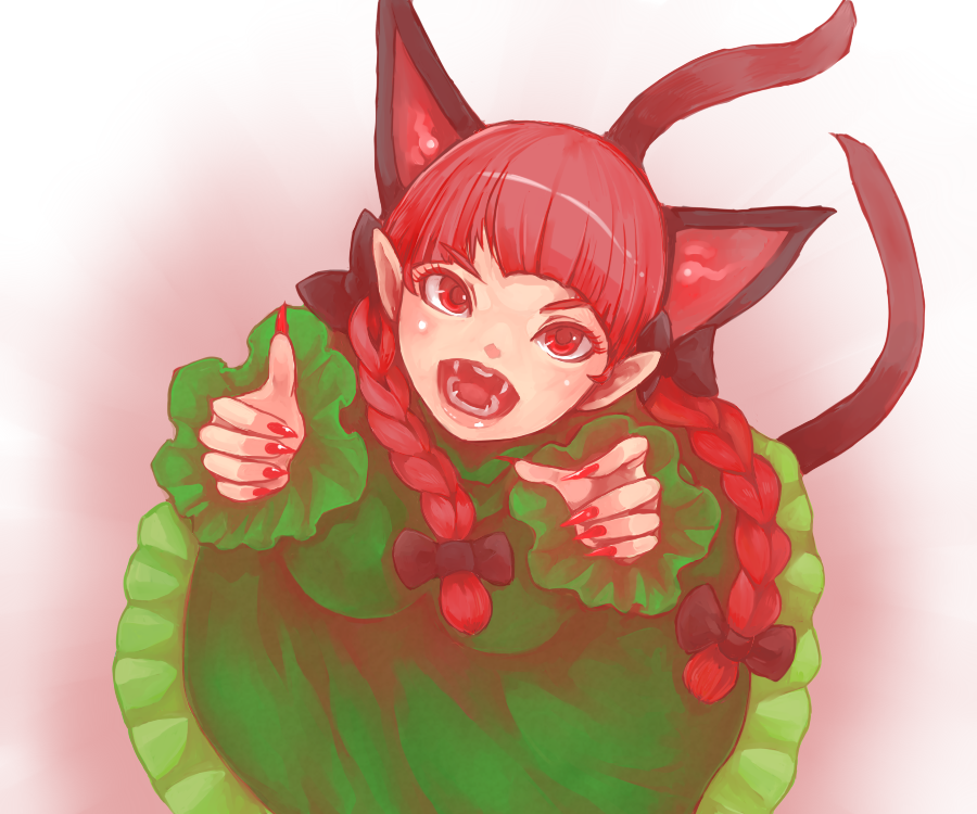 1girl animal_ears bangs black_bow blunt_bangs bow braid breasts cat_ears cat_tail dress extra_ears eyebrows_visible_through_hair eyelashes fangs fingernails frills from_above green_dress hair_bow hair_ribbon hands_up kaenbyou_rin long_fingernails long_hair long_sleeves ma_nyan_(nyao_mao_nyao) medium_breasts multiple_tails nail_polish nekomata open_mouth pointy_ears red_eyes red_nails redhead ribbon sharp_fingernails simple_background solo tail teeth tongue touhou tress_ribbon twin_braids twintails two_tails v-shaped_eyebrows white_background