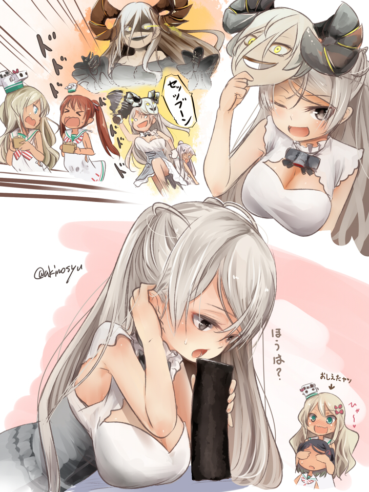 &gt;_&lt; 6+girls abyssal_ship akino_shuu black_hair blonde_hair blush bow breasts brown_eyes brown_hair conte_di_cavour_(kancolle) conte_di_cavour_nuovo_(kancolle) dress ehoumaki food glowing glowing_eyes grecale_(kancolle) green_eyes grey_dress hair_bow horns kantai_collection large_breasts libeccio_(kancolle) long_hair maestrale_(kancolle) makizushi mask mask_on_head mediterranean_dreadnought_water_princess multiple_girls one_eye_closed one_side_up open_mouth pink_bow scirocco_(kancolle) short_hair short_sleeves silver_hair smile sushi twintails wavy_hair white_dress yellow_eyes
