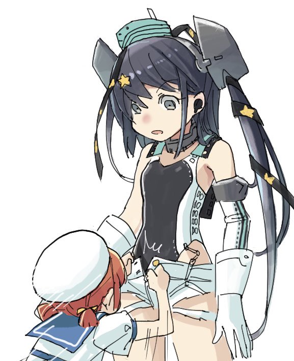 2girls aqua_headwear black_ribbon black_swimsuit blue_sailor_collar brown_hair commentary_request competition_swimsuit dress garrison_cap gloves grey_eyes grey_hair hair_ornament hair_ribbon hair_rings hat height_difference highleg highleg_swimsuit kaiboukan_no._4_(kancolle) kantai_collection long_hair low_twintails mizuki_kyou multiple_girls one-piece_swimsuit punching ribbon sailor_collar sailor_dress sailor_hat scamp_(kancolle) short_shorts shorts side_ponytail simple_background standing star_(symbol) star_hair_ornament swimsuit twintails white_background white_dress white_gloves white_headwear white_shorts