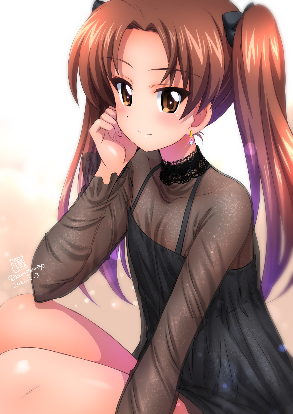 1girl alternate_costume bangs blush bow brown_eyes dated earrings eyebrows_visible_through_hair girls_und_panzer glint hair_bow highres jewelry kadotani_anzu kamogawa_tanuki long_hair long_sleeves looking_at_viewer parted_bangs redhead see-through shiny shiny_hair signature smile solo twintails twitter_username